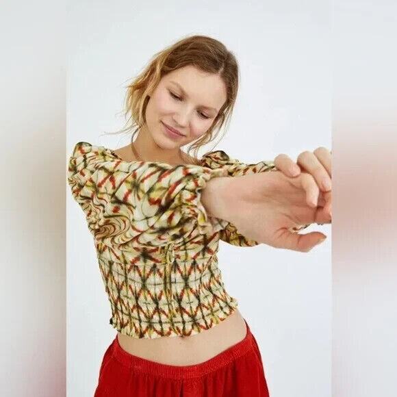Urban Outfitters UO Cropped Smock Top Size Small Geometric Print Festival Hippie - Picture 1 of 15
